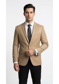 Resim Plus Scorpion Erkek Blazer Ceket Twill Dokuma Likralı Notch Yaka 1 Düğmeli Çift Yırtmaçlı Slim Fit Camel 
