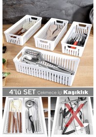 Resim 4'lü Modüler Kaşıklık Seti - Mutfak Düzenleyici Çekmece İçi Organizer Bıçaklık Kepçelik Beyaz Beyaz 