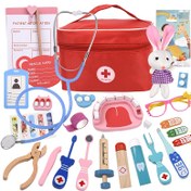 Resim 1 Set 26 Adet Çocuk Ahşap Doktor Rol Oyunu Seti, Yaratıcı Ahşap Taklit Tıbbi Kutu, Termometre, Stetoskop, Kırmızı, Ev Eğitimi İçin, Tıbbi Korkuyu Gidermek, Temel Tıbbi Bilgiyi Anlamak, İyi Alışkanlıkları Geliştirmek İçin 