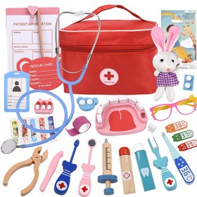 Resim 1 Set 26 Adet Çocuk Ahşap Doktor Rol Oyunu Seti, Yaratıcı Ahşap Taklit Tıbbi Kutu, Termometre, Stetoskop, Kırmızı, Ev Eğitimi İçin, Tıbbi Korkuyu Gidermek, Temel Tıbbi Bilgiyi Anlamak, İyi Alışkanlıkları Geliştirmek İçin 