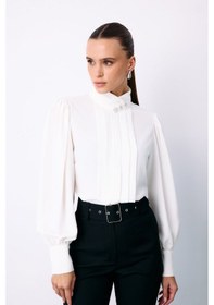 Resim Sateen Nervür Detaylı Bluz - Ekru-135423 Ekru 