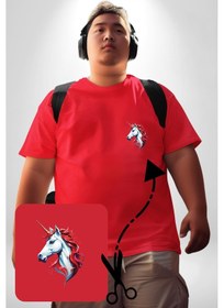 Resim Angemiel Unicorn Tek Boynuzlu At Kırmızı Büyük Beden Kadın Basic Minimal Baskılı Tişört Kırmızı 