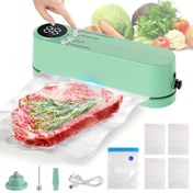 Resim USB şarjlı taşınabilir şarj edilebilir mini vakum kapama makinesi, çip, atıştırmalık, bisküvi ve daha fazlası için el tipi elektrikli gıda saklama paketleme sistemi, hava pompası ve birden fazla kapama poşeti içerir 