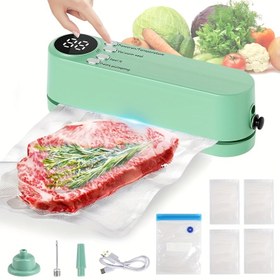 Resim USB şarjlı taşınabilir şarj edilebilir mini vakum kapama makinesi, çip, atıştırmalık, bisküvi ve daha fazlası için el tipi elektrikli gıda saklama paketleme sistemi, hava pompası ve birden fazla kapama poşeti içerir 