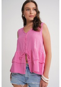 Resim Mixray 4722 Kadın V Yaka Fırfırlı Müslin Bluz Pembe 