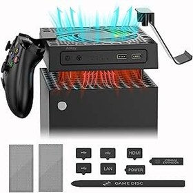 Resim Cooling Fan for Xbox Series X Console, Smart Fan Speed Change with Temperature, Colorful RGB Flowing Light, Low Noise, 2 USB Ports for Charging Data Transmission, 2 Holders for Controller 