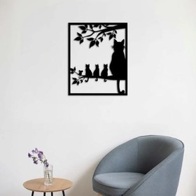 Resim Kedi Ailesi Metal Duvar Sanatı, Siyah Siluet Tasarım, Ağaç Dalı Dekoru, 3D Duvar Askısı ("13,7x11,4" (35x29)) 