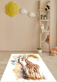Resim Pelangi Zürafa ve Ağaç Desen Bohem İskandinav Tarzı Yıkanabilir Kaymaz Taban Leke Tutmaz Çocuk Odası Halısı, Beyaz-Kahverengi 60 x 200 