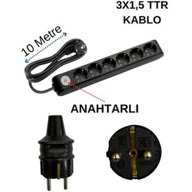 Resim Avarson 6'lı Altılı Priz Topraklı Anahtarlı Kablolu Siyah 3x1,5 Ttr 10 On Metre 