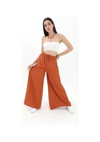 Resim Wpr Geniş Kemerli Bol Paça Düz Keten Kadın Pantolon - Taba-taba Taba 