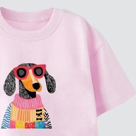 Resim Monila Kız Çocuk Köpek Baskılı Pamuklu Bisiklet Yaka T-shirt Pembe 