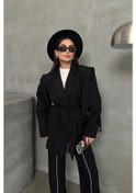 Resim Kadın Oversize Blazer Ceket Kuşaklı Omuz Detaylı Siyah 