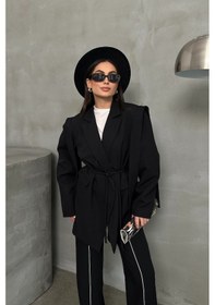 Resim Kadın Oversize Blazer Ceket Kuşaklı Omuz Detaylı Siyah 