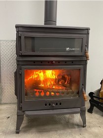 Resim Retro Dik Kuzineli Tek Camlı Kuzineli Yan Kapaklı Döküm Soba 