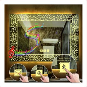 Resim Dnr-Mirror80x120 Cm Günışığı Ledli Tasarım Kumlamalı Dokunmatik Bluetoothlu Buğu Önleyicili Banyo Aynası 