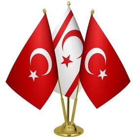 Resim Masa Üstü Kktc Bayrağı Türk Bayrağı Üçlü Pirinç Direk Masa Bayrak 