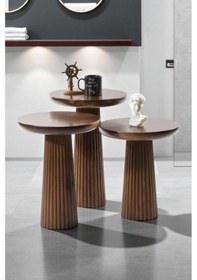 Resim Ahşap Mantar Sehpa 3 Lü Set Masif Ceviz Renk Doğal Zigon Fiskos Takımı - Dekoratif Çiçeklik Ceviz 