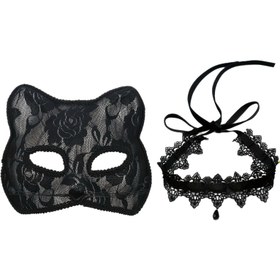 Resim 2 adet Gotik Kedi Yüz Maskesi ve Kolye Zinciri Seti - Siyah Dantel İç Çamaşırı ile Gül Desenleri, Zarif Dantel Kenarları, Cadılar Bayramı, Maskeli Balo ve Gotik Partiler için Mükemmel, Gotik İç Çamaşırı 