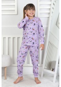 Resim Uzun Kollu Cute Cat Desenli Kız Çocuk Pijama Takımı Mor 
