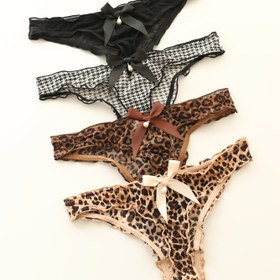 Resim Leopar Baskılı ve Fiyonk Detaylı Seksi Dantel Tanga Külotlar 4'lü Paketi - Düşük Bel Yarı Şeffaf File İç Çamaşırı, Sadece Elde Yıkama, İnci Süslemeli 