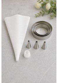 Resim Pasta Krema Sıkma Seti 3 Farklı Uç Ve Yuvarlak Kurabiye Kalıbı Beyaz 