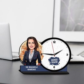 Resim Kadın Bankacı Karikatürlü MDF Masa Saati 