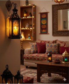 Resim 43 Cm Ramazan Ledli Siyah Model Çift Mumlu Lüks Fener - Pil Dahil Dekoratif Ramazan Feneri Diğer 