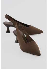 Resim Kadın Triko Stiletto Sivri Burun Arkası Açık Topuklu Ayakkabı Koreva Kahverengi Kahverengi 