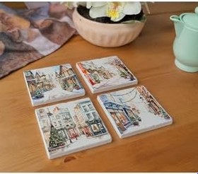 Resim Atölye Vintage Kartpostal Şehir Görüntüsü 4’lü Set Bardak Altlığı Doğal Taş (10x10 cm) 