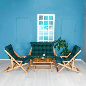 Resim Reyo Bysay Ahşap Katlanabilir Taşinir Puf Minderli Kollu Şezlong Plaj Bahçe Teras Balkon Sandalyesi Koltuğu Takimi 4 Lü Set Haki 