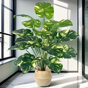 Resim Büyük Suni Monstera Bitki - Ev Dekoru, Ofis Masası, Düğün, Noel, Cadılar Bayramı, Paskalya, Hanuka, Şükran Günü için Plastik Daimi Yeşillik - Zemin Yerleştirme, Kap Yok, Elektrik/Pil Gerekmez 