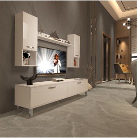 Resim Decoraktiv Eko 5da Slm Std Krom Ayaklı Tv Ünitesi Tv Sehpası - Parlak Beyaz 
