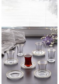 Resim 12 Parça Yaldızlı Çay Bardağı Takımı Seti - 6 Adet Bardak, 6 Adet Elysia Model Riva Çay Tabağı Şeffaf 