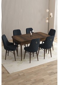 Resim Mazaka Serisi 80x132 Açılabilir Mdf Barok Ahşapdesen Masa Takımı 6 Lacivert Sandalye Antrasit 