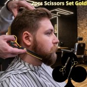Resim 2'li Set Saç Kesme Makası, Berberler İçin Profesyonel İnceleme Makası ve Evde Kendin Kesme Kafa Ucu İçin Benzersiz Düz Dişli Sihirli Makaslar, Ayırt Edici Siyah ve Altın Estetik ve Çok Yönlü İşlevsellik ile Tasarlandı. 