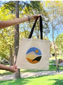 Resim Bolergıashop Monerde Grande Tasarım Canvas Omuz Çantası Bej - Beyaz - Mavi Punch İşleme 