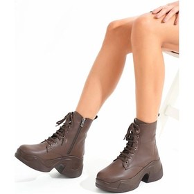 Resim Fz-2550 Kahverengi Yüksek Tabanlı Bağcıklı Fermuarlı Günlük Kadın Bot Kahve Kahverengi 