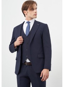 Resim İmza Lacivert Mono Yaka Yelekli 6 Drop Slim Fit Dar Kesim Basic Takim Elbise 1001245386 Lacivert 