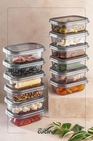 Resim 12li Büyük Boy Dikdörtgen Plastik Kapak Kahvaltılık Seti 400 ml Antrasit Erzak Kavanoz Seti 