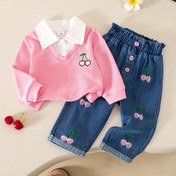 Resim 2'li Kız Çocuk Kiraz Desenli Uzun Kollu Üst ve Pantolon Takımı - Sevimli Kiraz Çiçeği ve Kiraz Deseni, Yumuşak Pembe ve Günlük Kombin, Normal Kesim, İlkbahar/Sonbahar Dış Giyim, Dış Mekan için 