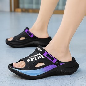 Resim Erkek Moda EVA Terlikler - Mor ve Mavi Vurgulu Siyah, Kalın Tabanlı Masaj Sandaletler İç/Dış Mekan Kullanımı için, Kaymaz Günlük Yazlık Ayakkabılar, İç Dış Mekan Sandaletleri | Şık Terlikler | Giyilebilir Sandaletler 