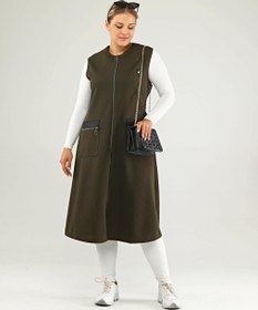 Resim Kadin Deri Cepli Buyuk Beden Uzun Yelek - Haki / 2XL 