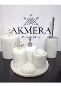 Resim Beyaz Mermer Gümüş Mercan Detaylı 7 Parça Banyo Seti Beyaz 