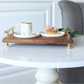 Resim Akayev Ahşap Altın Boncuk Ayaklı Florya 30x19 Cm Tepsi Kahverengi 