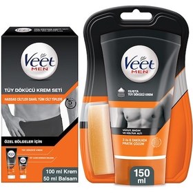 Resim Veet Men Özel Bölgeler İçin Tüy Dökücü Krem 100 ml + Balsam 50 ML + Duşta Tüy Dökücü Krem 150 ML 