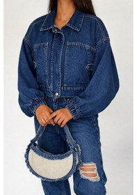 Resim Noa & Noa Kadın Açık Mavi Kısa Denim Ceket Elastik Manşetli Crop Model Lacivert 