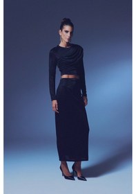 Resim Sateen Simli Midi Etek - Siyah-135382 Siyah 