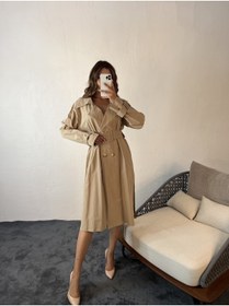 Resim Pubblica Kadın Bej Kruvaze Yaka Geniş Kesim Oversize Bel Ve Kol Kemer Detaylı Uzun Trençkot 
