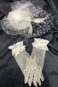Resim Hayalperest boncuk Beyaz Dantelli Eldiven-puantiyeli Vualet Nikah Şapkası 