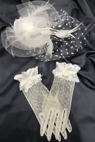 Resim Hayalperest boncuk Beyaz Dantelli Eldiven-puantiyeli Vualet Nikah Şapkası 